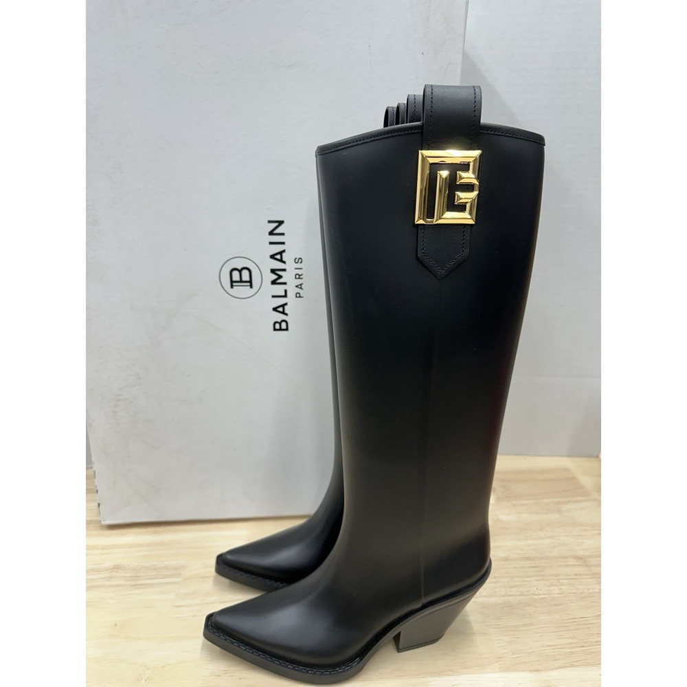 Balmain Women's 36 Black Tess Rubber Cowboy Boots Knee High - New w/ Box